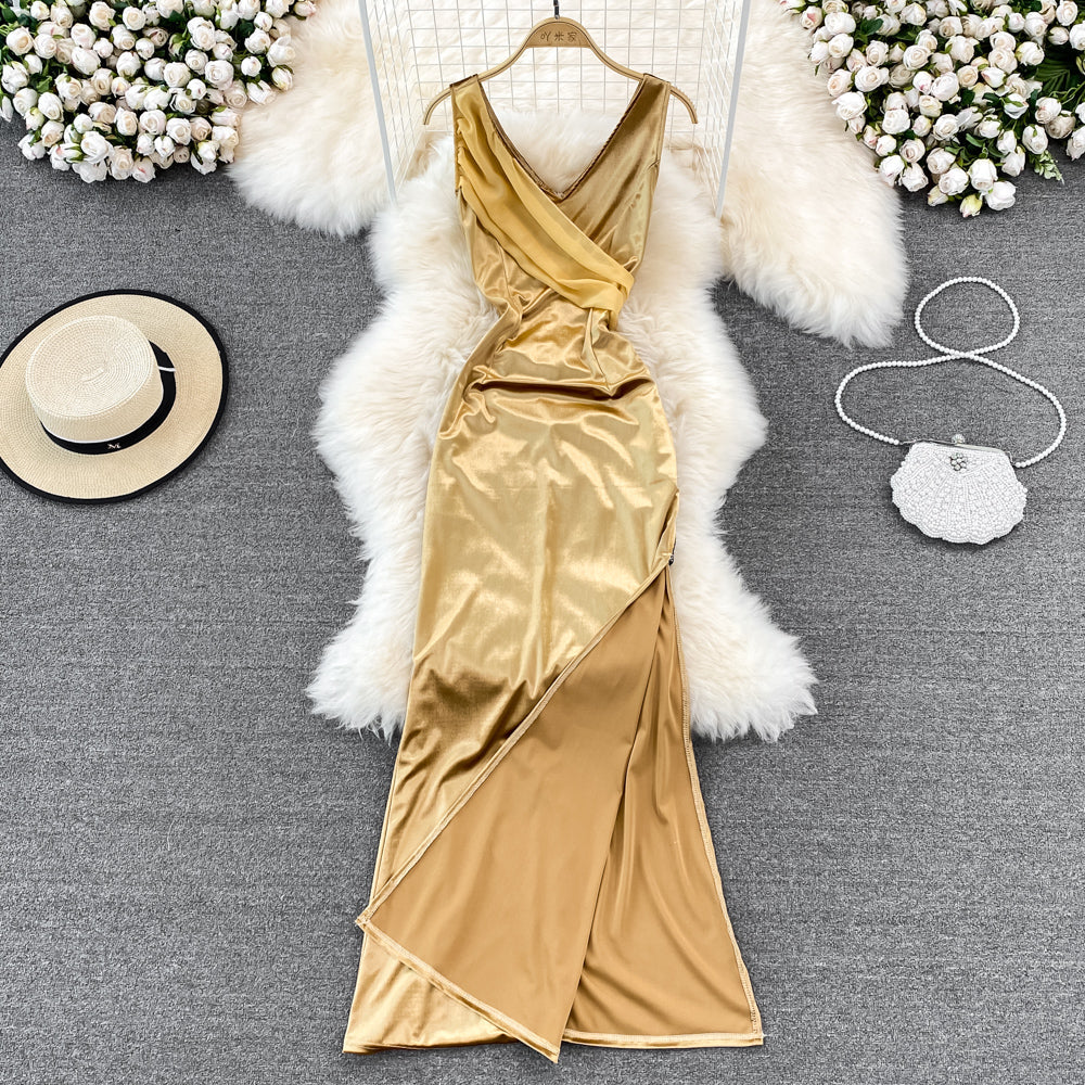 V-neck sexy dress high waist slim sleeveless Hip Wrap Dress long dress  11054