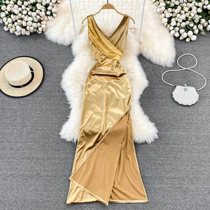 V-neck sexy dress high waist slim sleeveless Hip Wrap Dress long dress  11054