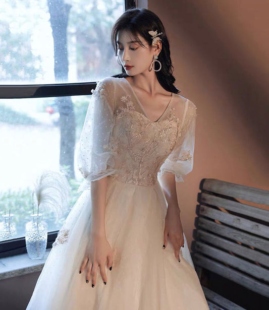 Champagne tulle lace long prom dress evening dress  10017