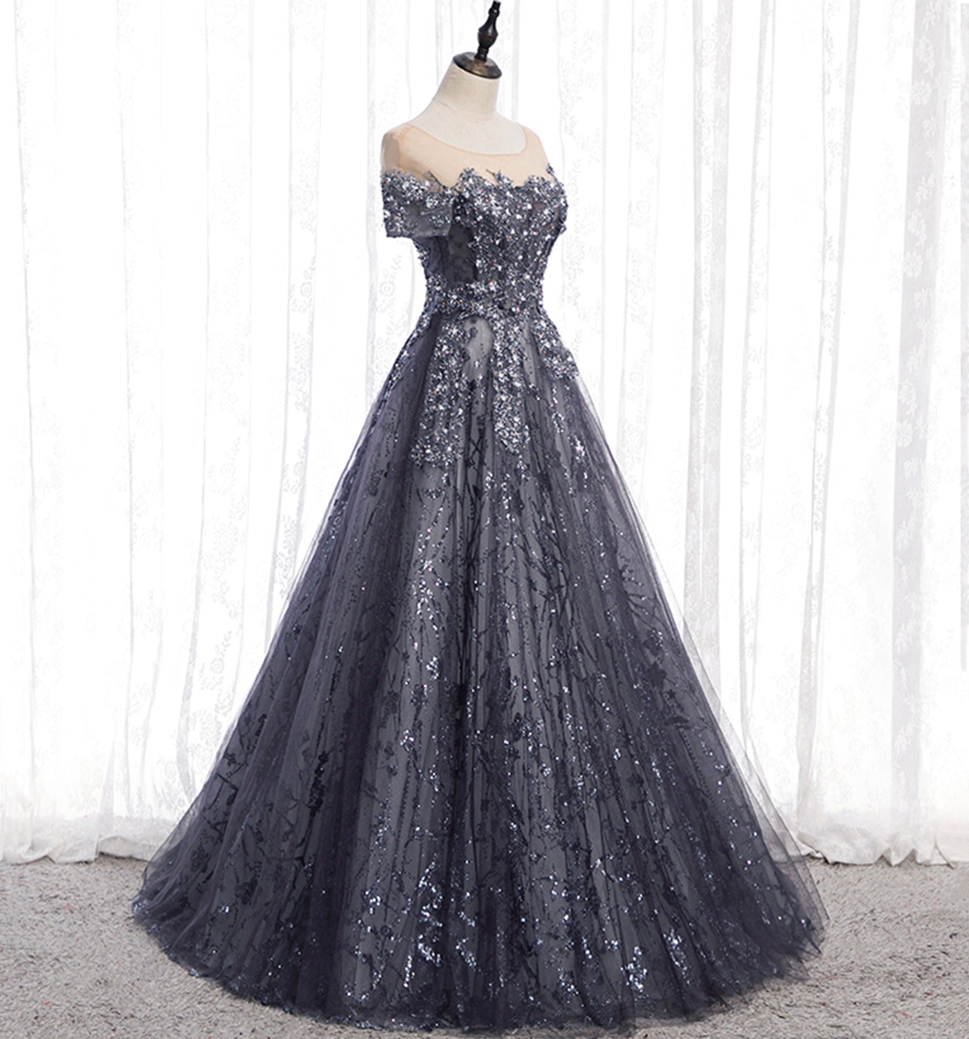 Gray tulle sequins long prom dress A line evening gown  10002