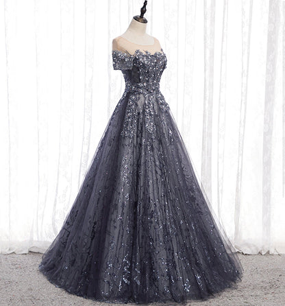Gray tulle sequins long prom dress A line evening gown  10002