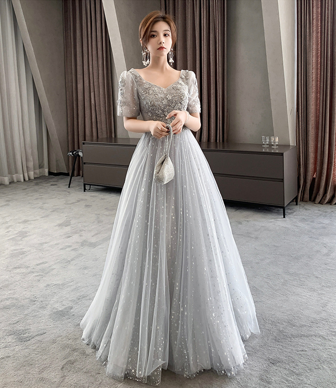 Gray tulle lace long prom dress evening dress  8945