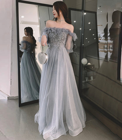 Gray tulle sequins long prom dress A line evening dress  10559