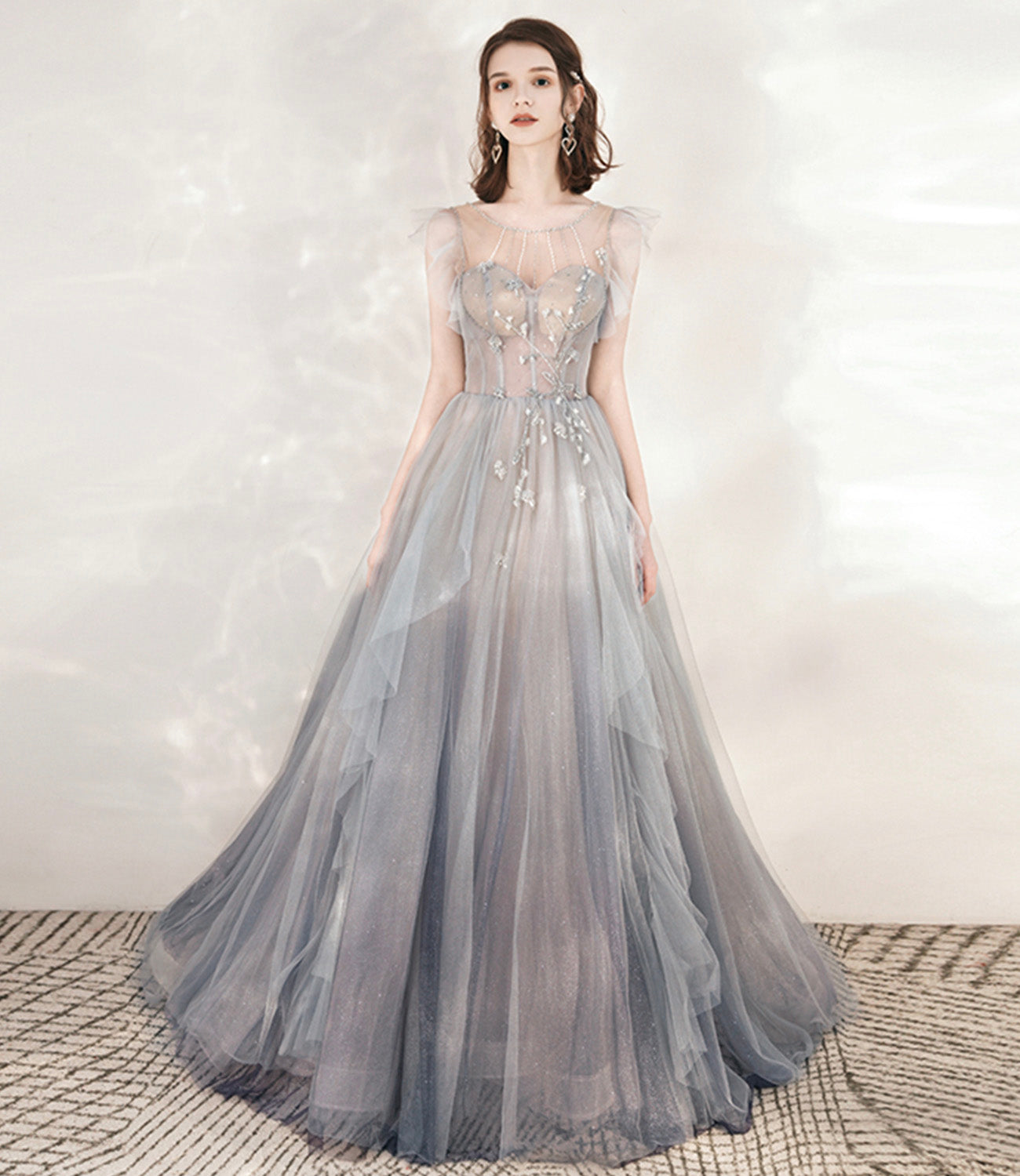 Cute tulle beads long prom dress A line formal dress  10547