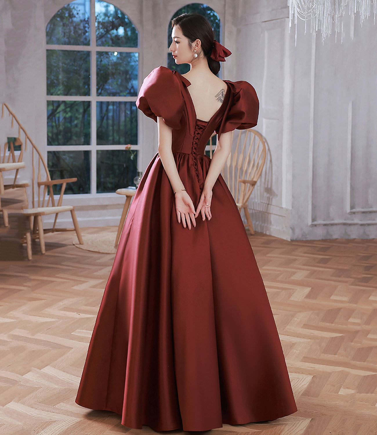Burgundy v neck satin long prom gown A line formal gown  10314
