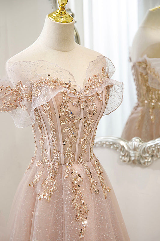 Pink tulle sequins long prom dress pink evening dress  10173