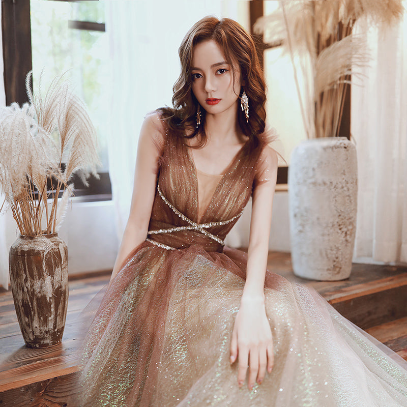 Stylish v neck tulle sequins prom dress evening dress  8234