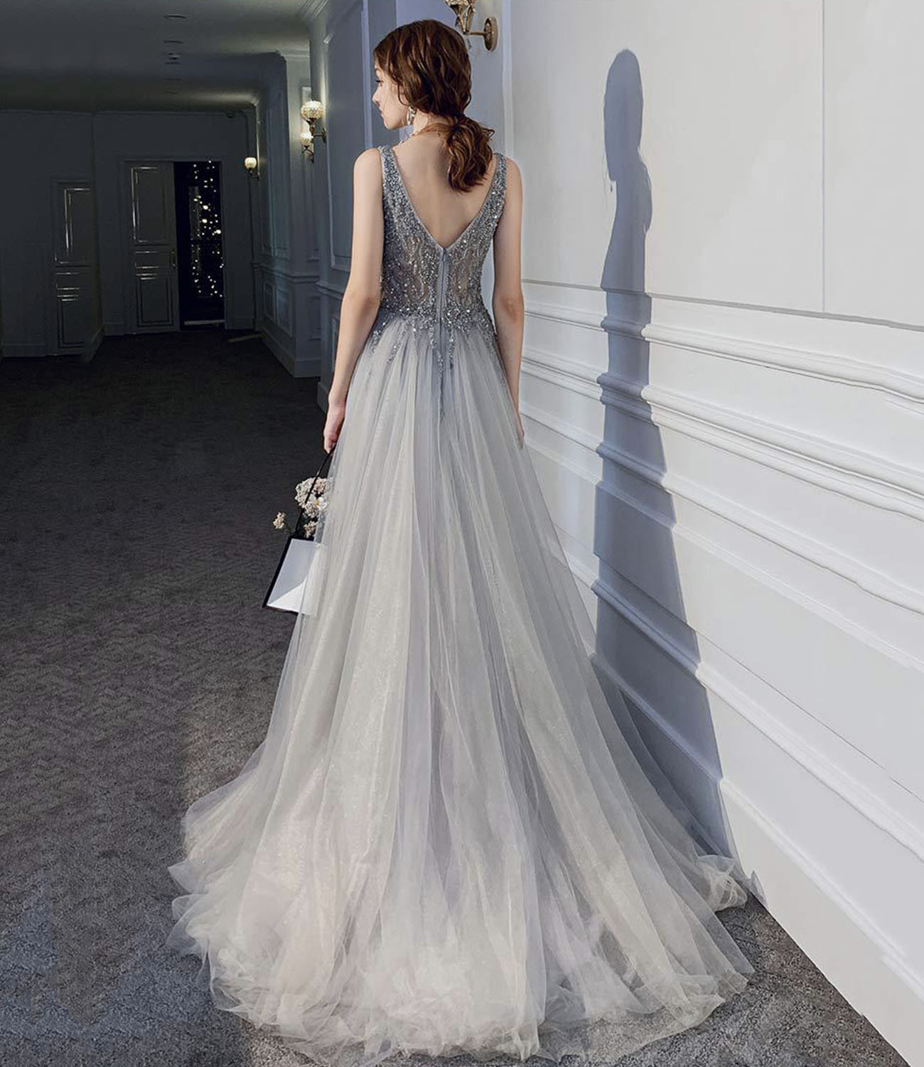 Gray tulle beads long prom dress A line evening dress  10409