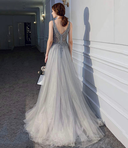 Gray tulle beads long prom dress A line evening dress  10409
