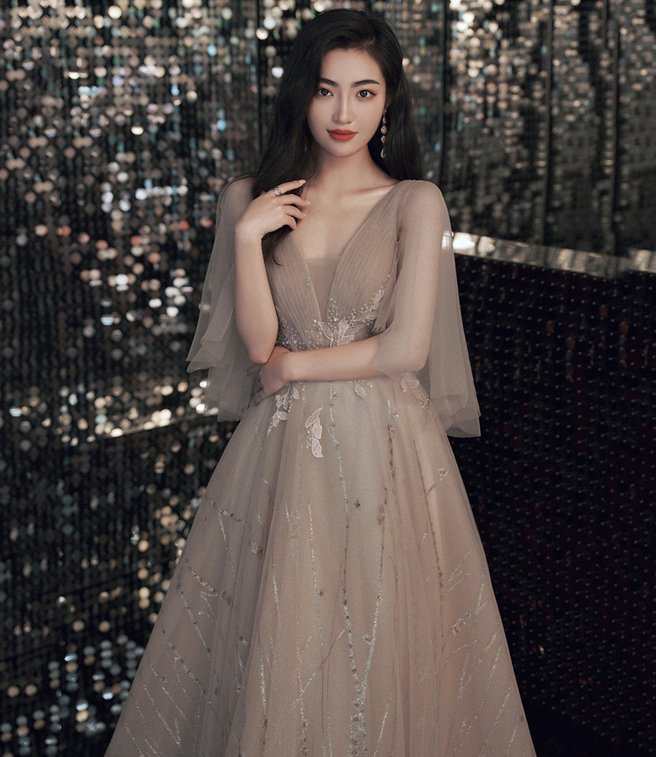 Champagne tulle lace long prom dress A line evening gown  10464