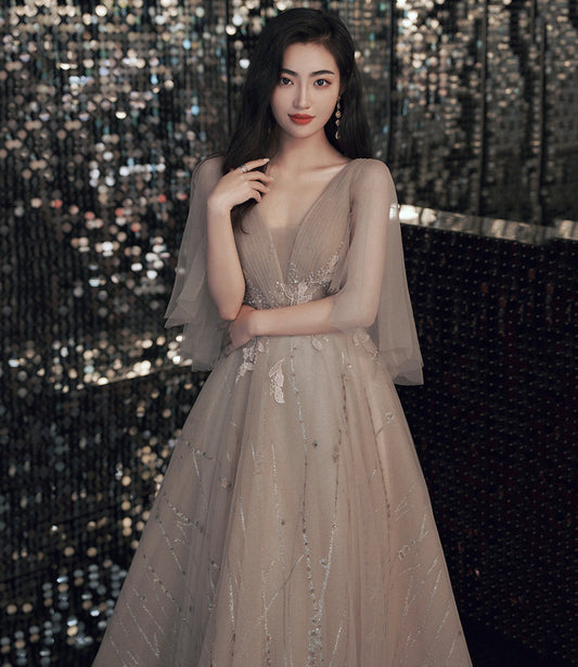 Champagne tulle lace long prom dress A line evening gown  10464