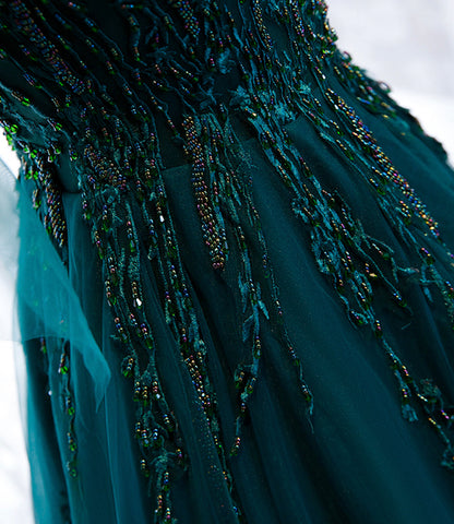 Green gorgeous exquisite beaded lace A-line long tulle ball gown evening dress 10357