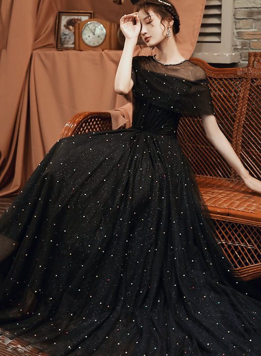 Black A line tulle long prom dress black evening dress  8559