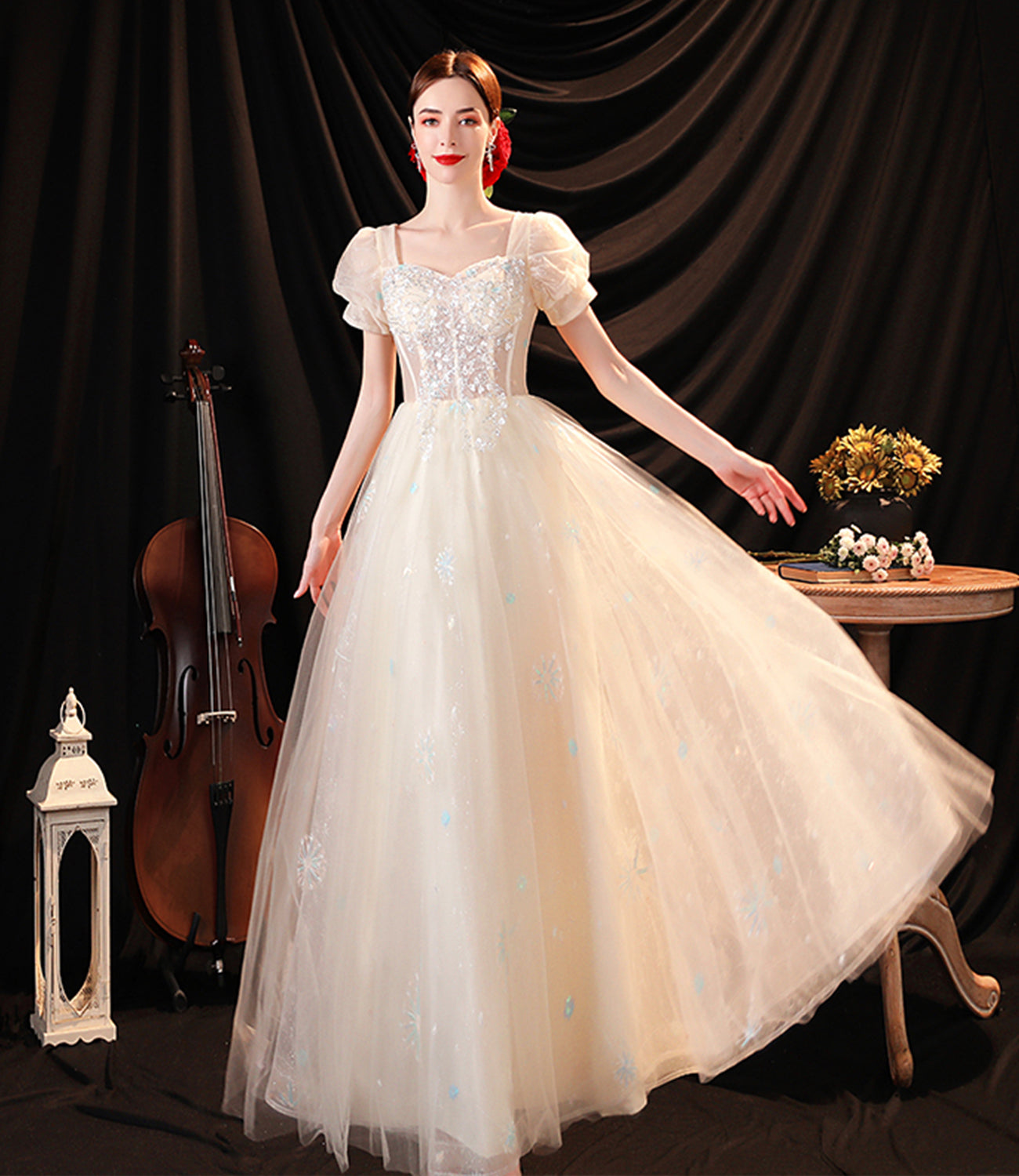Champagne tulle sequins long prom dress evening dress  10536