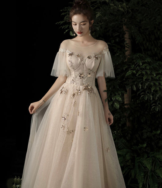 Cute tulle sequins long prom dress evening dress  10196