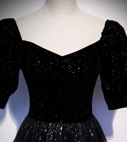 Elegant tulle sequins long prom dress black evening dress  8554