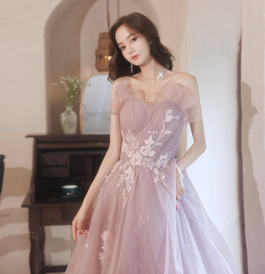 Pink tulle lace long A line prom dress evening gown  8952