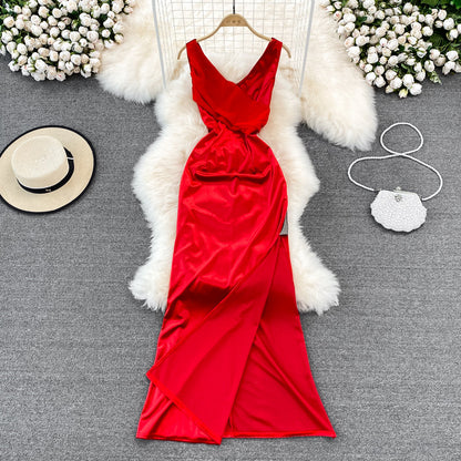 V-neck sexy dress high waist slim sleeveless Hip Wrap Dress long dress  11054
