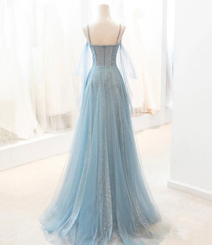 Blue tulle long A line prom dress blue evening dress  8764