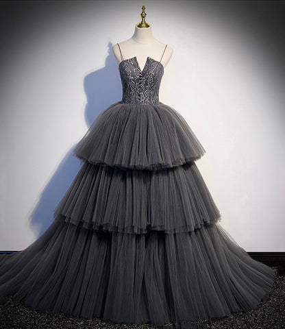 Gray tulle lace long ball gown dress formal gown  10296