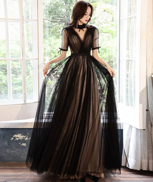 Black tulle long prom dress black evening dress  8529