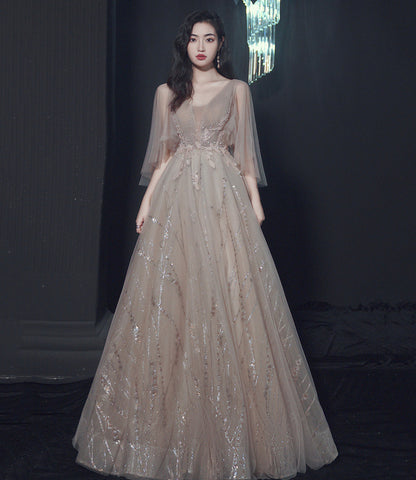 Champagne tulle lace long prom dress A line evening gown  10464