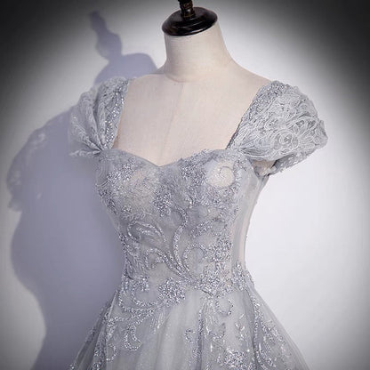 Gray tulle lace long prom dress A line evenig gown  10081