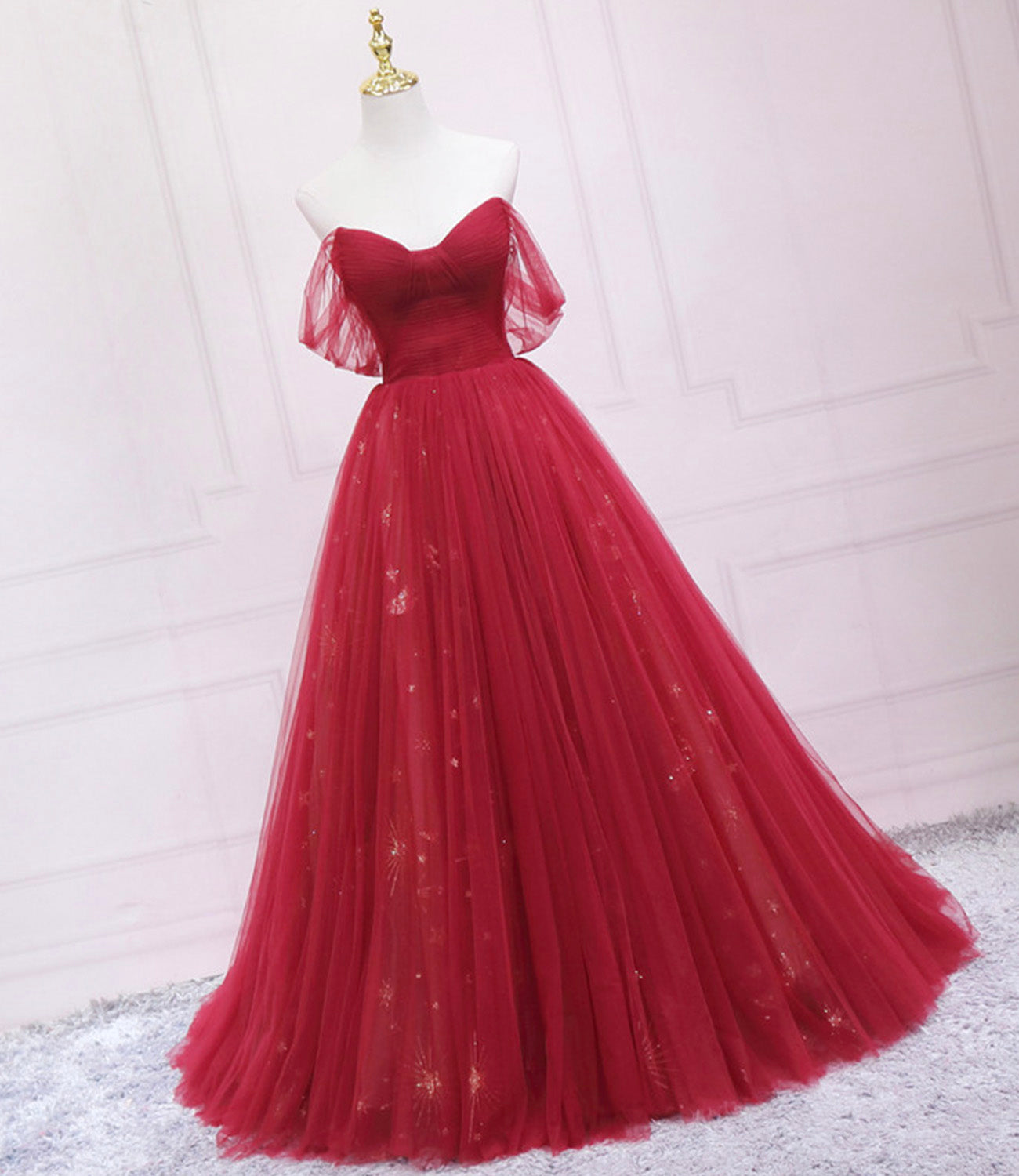 Red tulle sequins long prom dress A line evening dress  10569