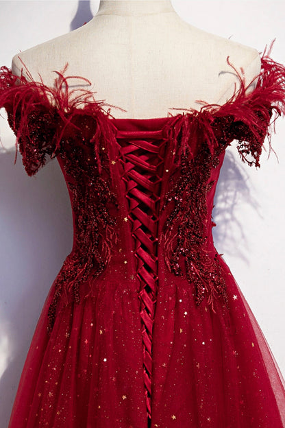 Burgundy tulle sequins long A line prom dress evening dress  8710