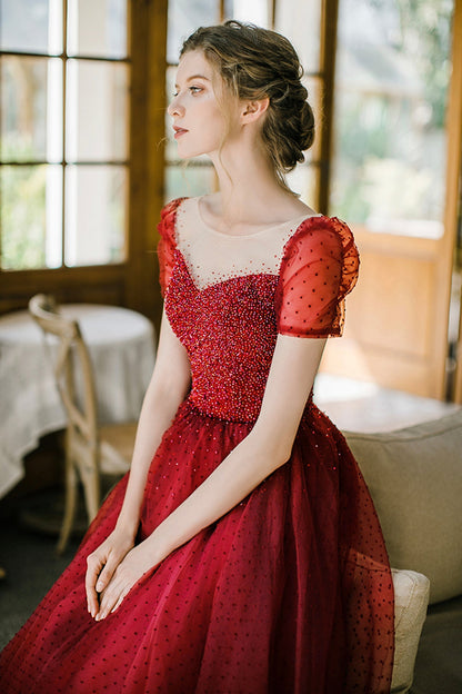 Burgundy Sparkling Beaded A-line Long Tulle Elegant Ball Gown Evening Dress 8645