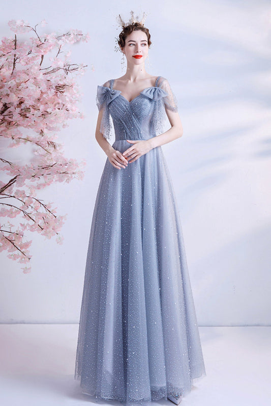 Gray tulle sequins long A line prom dress evening dress  8690