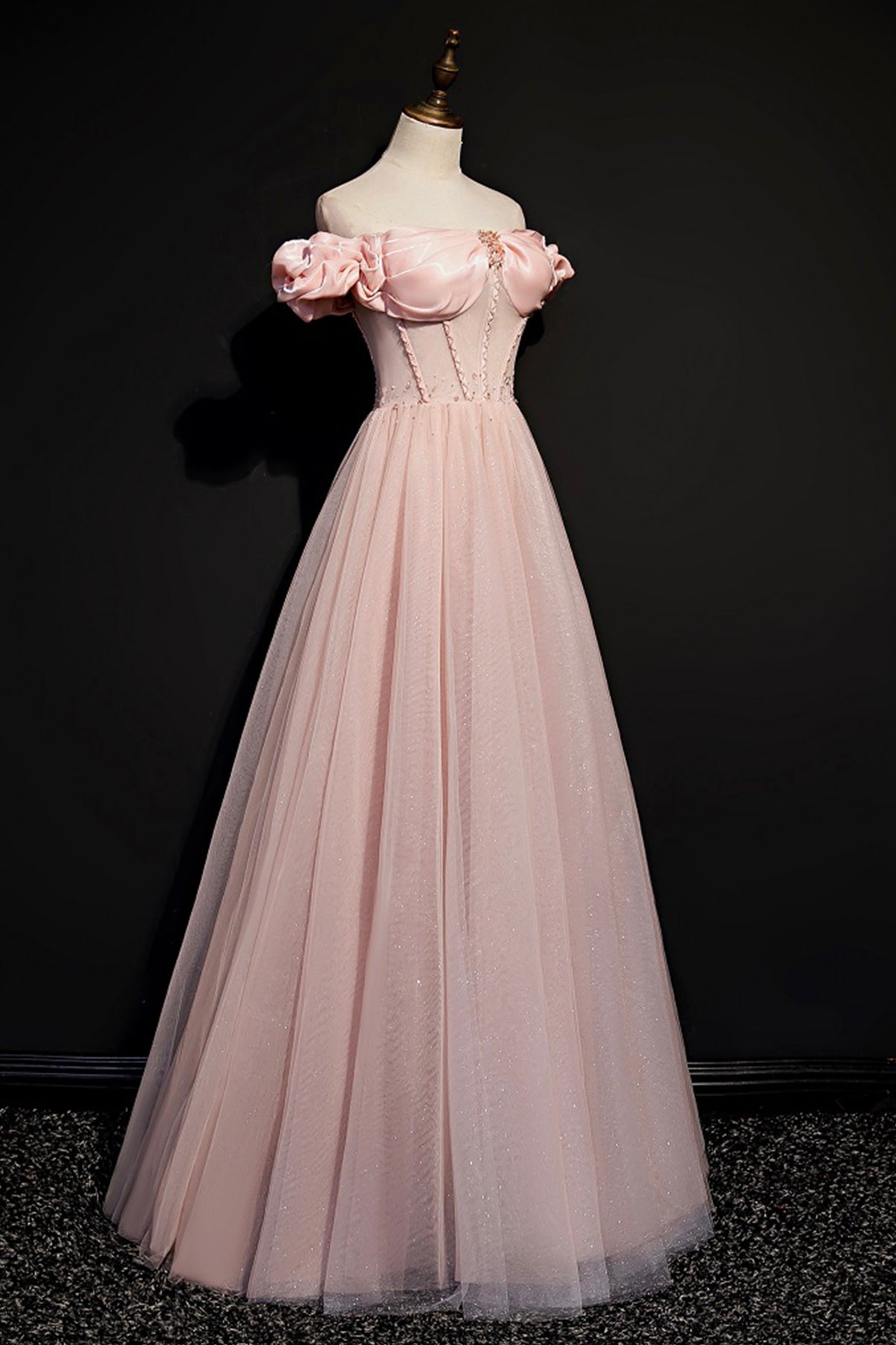 Pink tulle long A line prom dress pink evening dress  8693