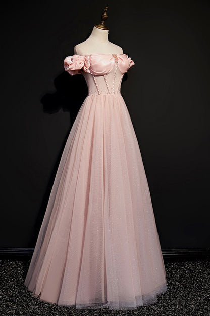Pink tulle long A line prom dress pink evening dress  8693