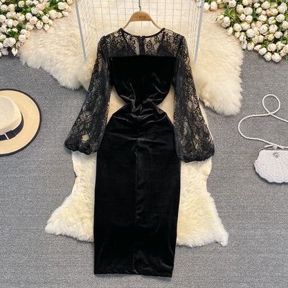 Black V Neck Velvet Dress Long Sleeve Dress  10925