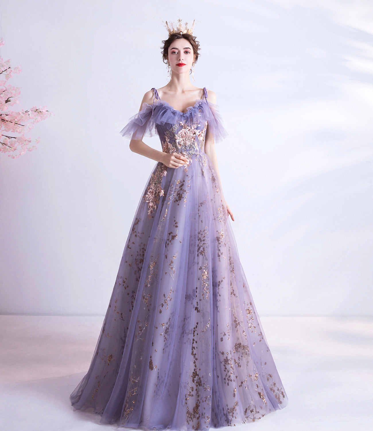 Purple tulle sequins long A line prom dress evening dress  8750