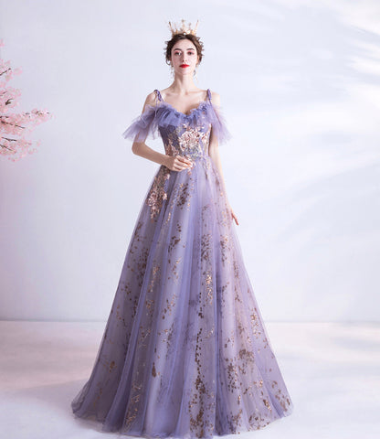 Purple tulle sequins long A line prom dress evening dress  8750