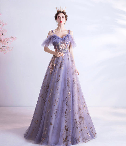 Purple tulle sequins long A line prom dress evening dress  8750