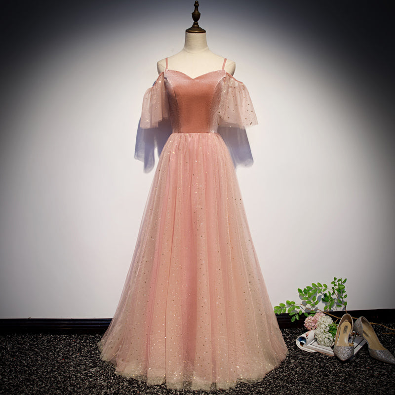 Pink velvet tulle long prom dress, pink evening dress  10079
