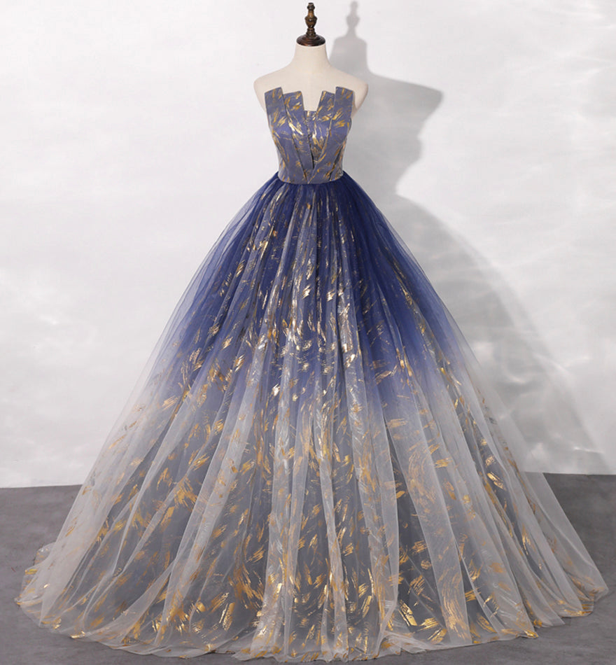 Blue tulle long prom gown blue evening dress  8462