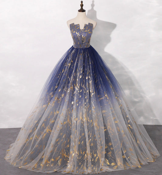Blue tulle long prom gown blue evening dress  8462