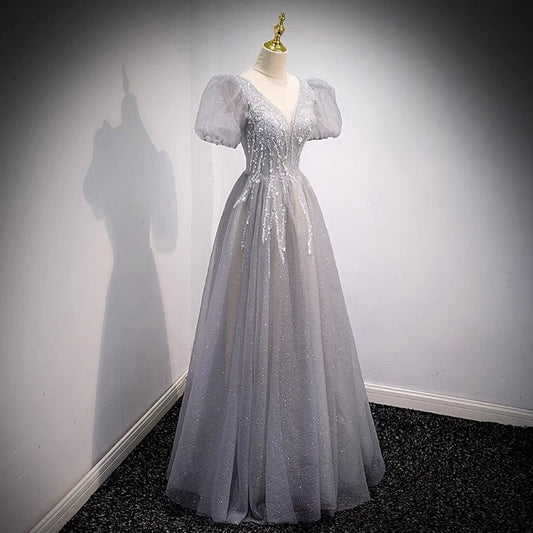 Gray tulle beads long prom dress A line evening dress  8956