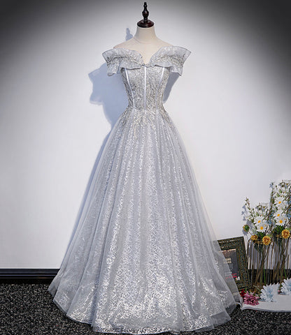 Gray tulle lace long prom dress A line evening gown  10406