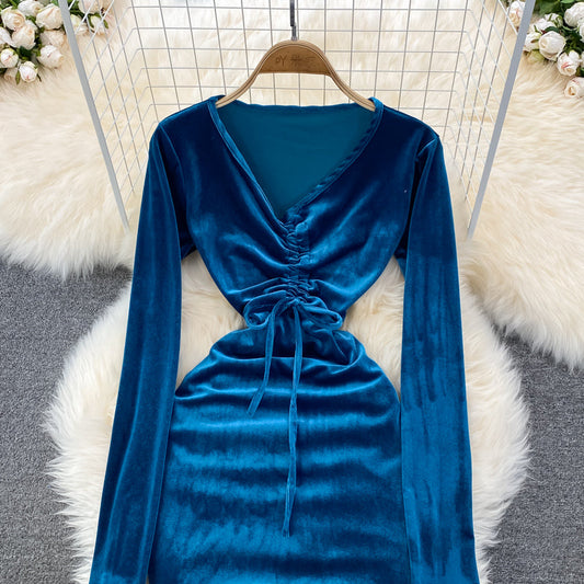 Sexy V Neck Velvet Long Sleeve Dress Fashion Dress  10864