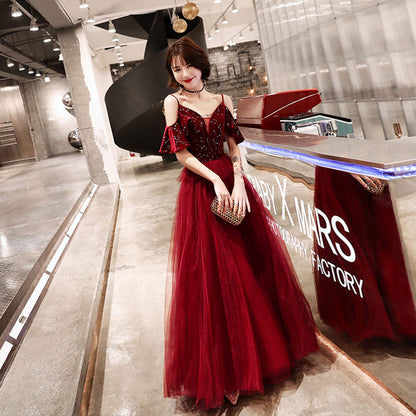 Burgundy v neck tulle sequins long prom dress, evening dress  10083