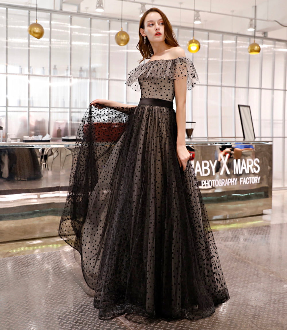 Black tulle long prom dress black evening dress  8520