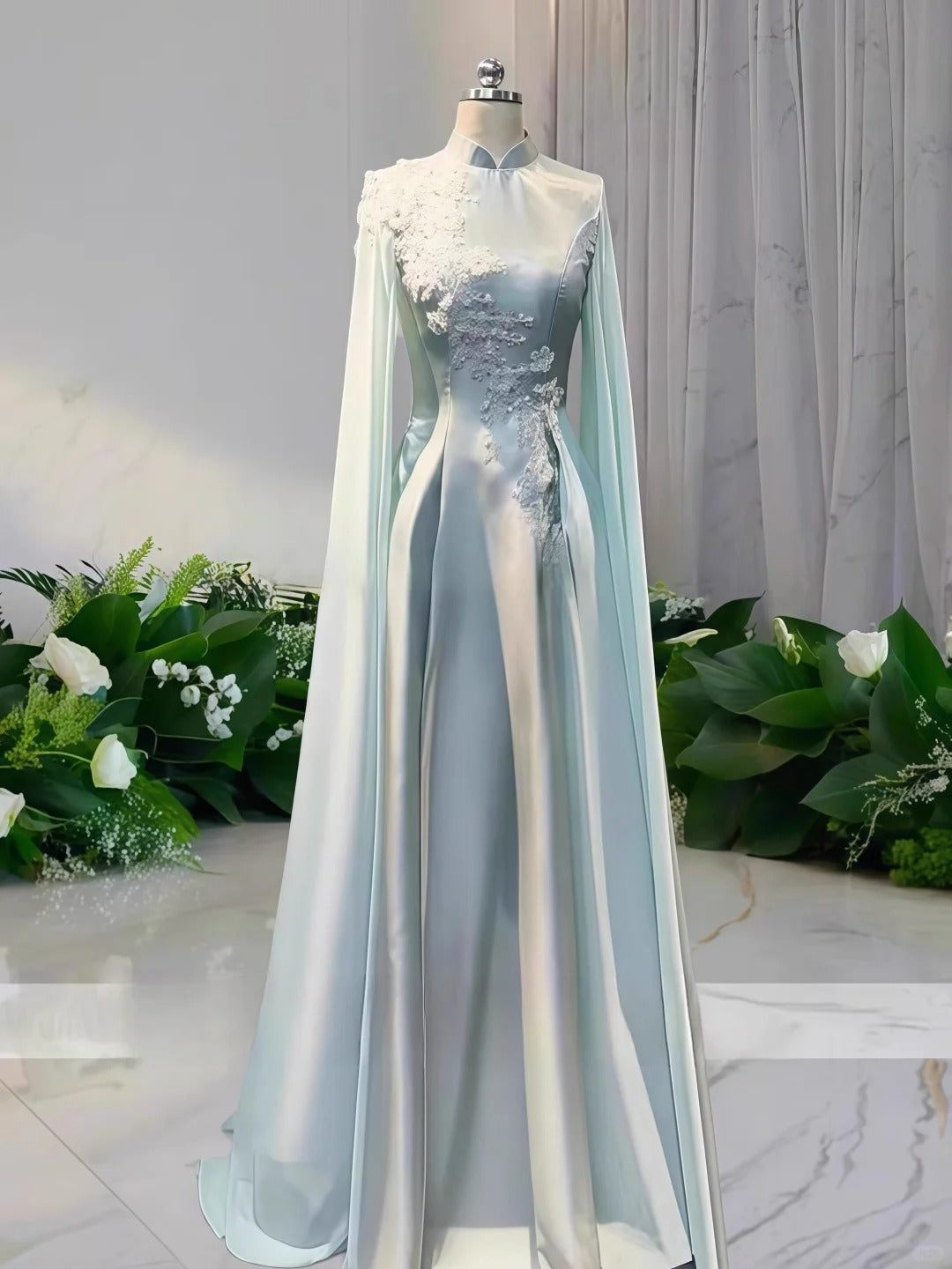 shopuniqlos-Light green floral bead long satin ball gown Prom dress ceremonial dress long sleeved gh5309