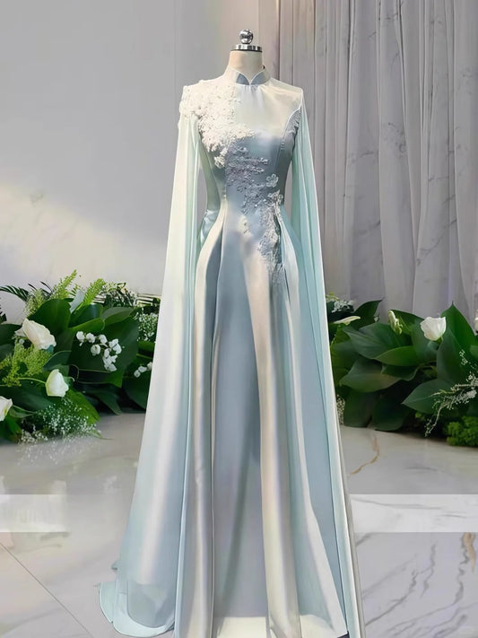 shopuniqlos-Light green floral bead long satin ball gown Prom dress ceremonial dress long sleeved gh5309