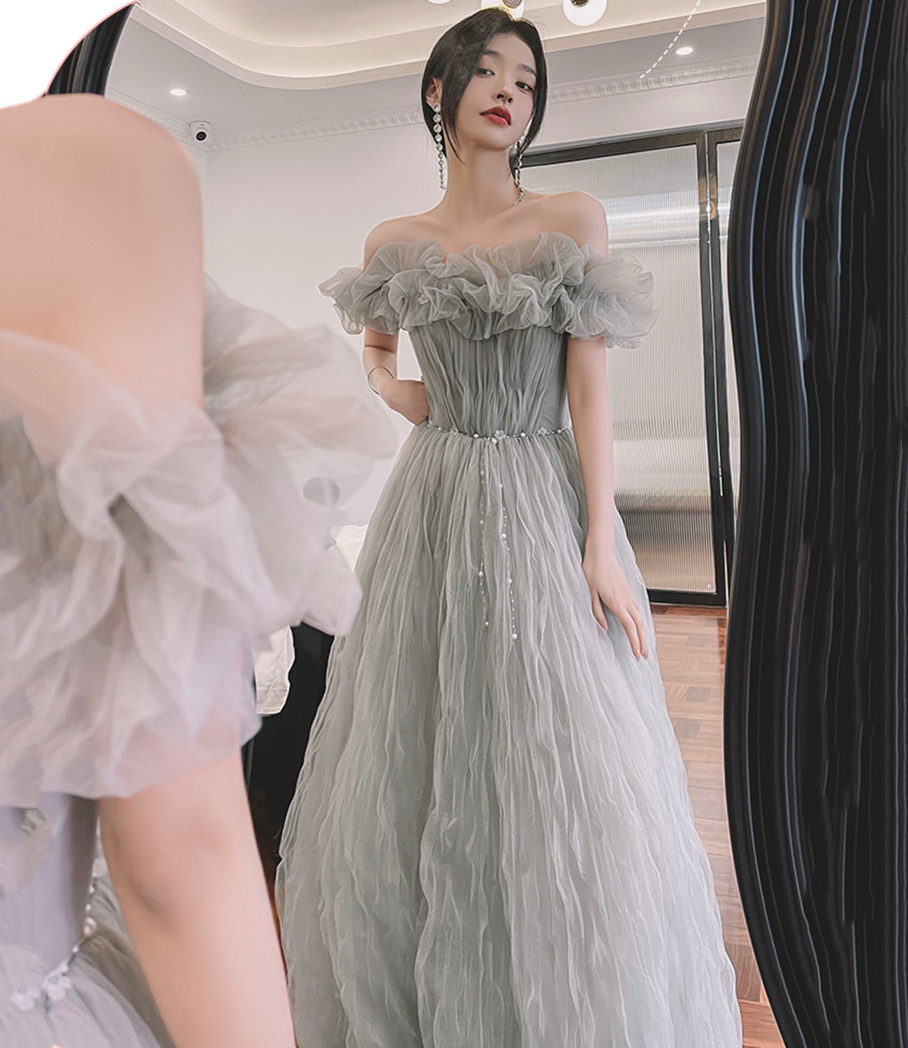 Gray tulle long prom dress A line evening dress  10647