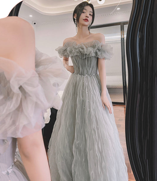 Gray tulle long prom dress A line evening dress  10647