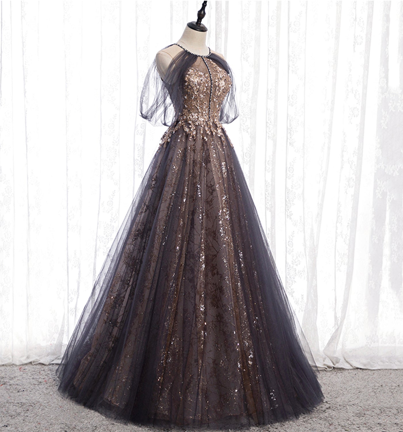 Stylish tulle sequins long prom dress evening gown  10007